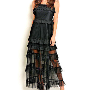 SHEER MaXi DRESS Gown MuLTi RuFFLE SKiRT w Slip ML